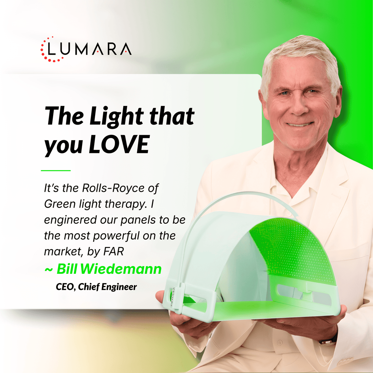 Man holding a green light therapy panel with Lumara branding and text about the product's features.