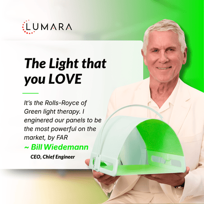 Man holding a green light therapy panel with Lumara branding and text about the product's features.