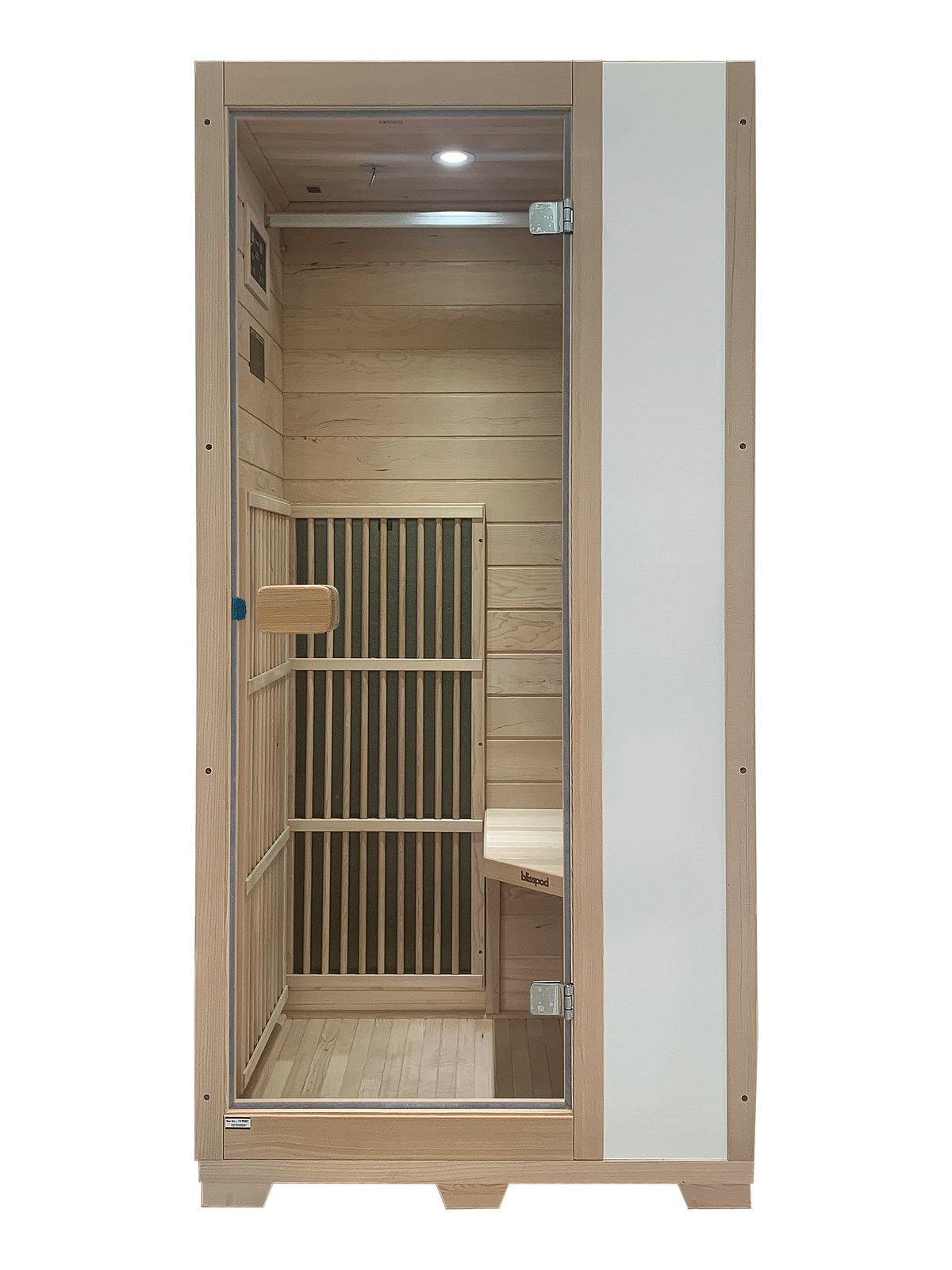 Wooden sauna with glass door on a white background