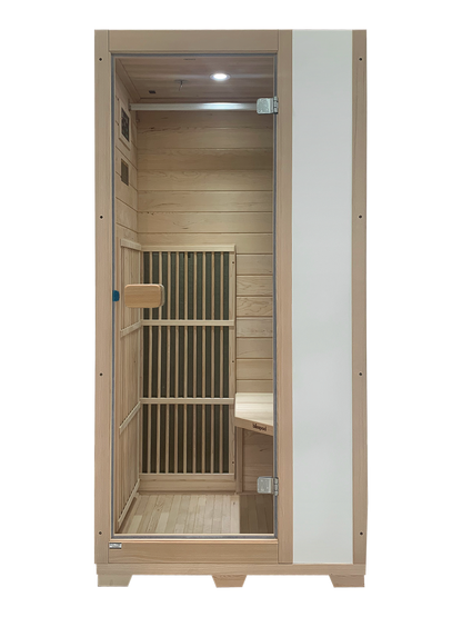Wooden sauna with glass door on a white background