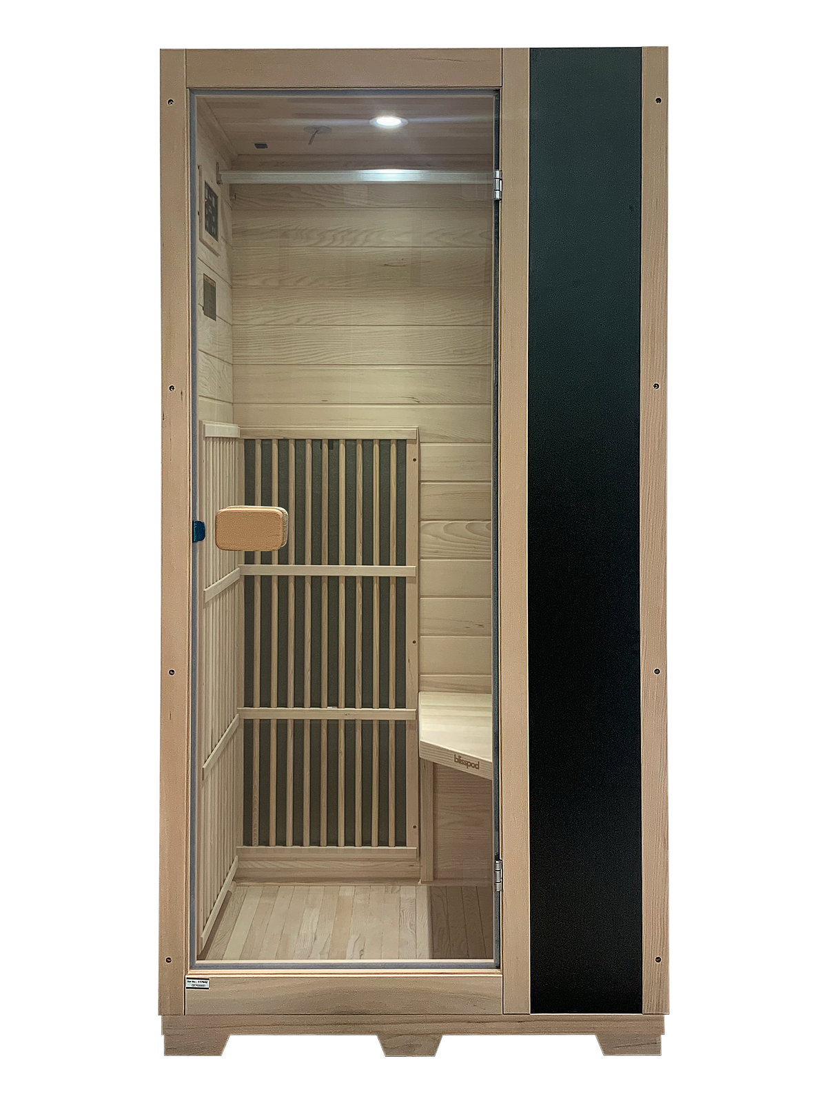 Wooden sauna with glass door on a white background