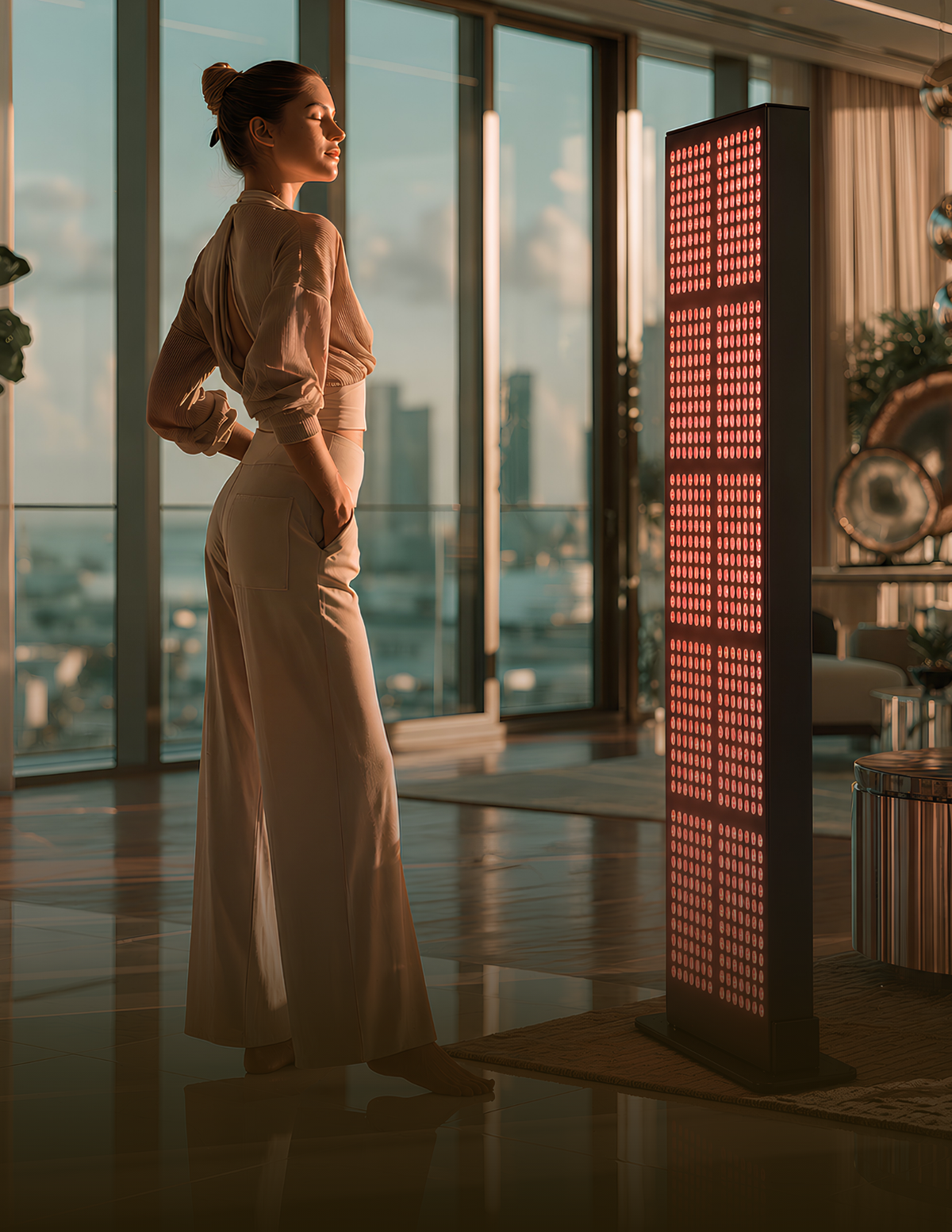 A woman in a beige long-sleeve dress stands in a modern high-rise apartment with large windows, next to a tall black floor lamp with a glowing red grid pattern.