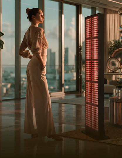 A woman in a beige long-sleeve dress stands in a modern high-rise apartment with large windows, next to a tall black floor lamp with a glowing red grid pattern.