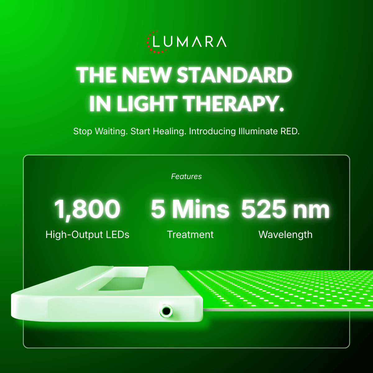 Advertisement for Lumara light therapy device with text and product image on a green background