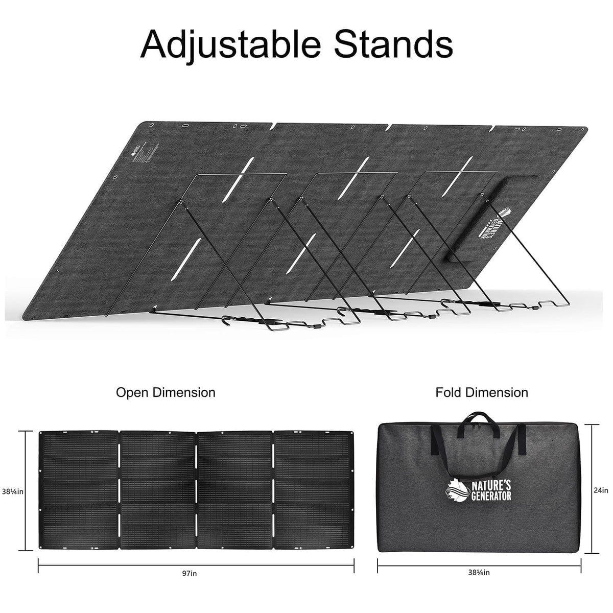 Foldable solar panel with open and folded dimensions displayed on a white background
