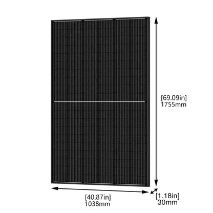 A black solar panel shown on a white background with dimension lines and text indicating height as 69.09 in (1755 mm) and width as 40.