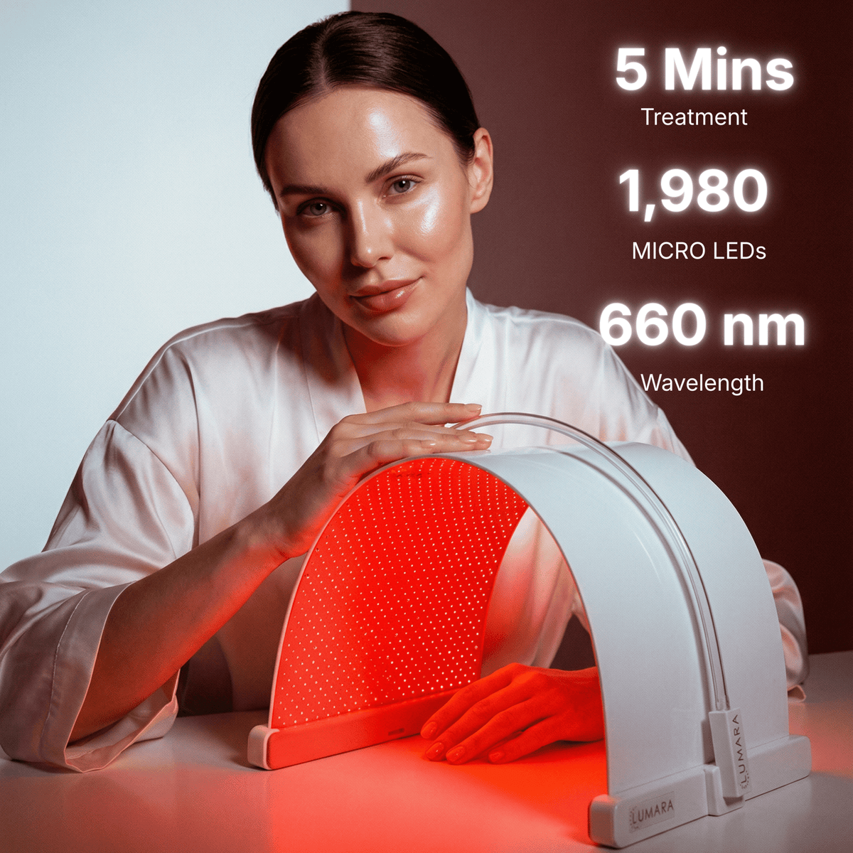 Woman holding a red light therapy device with text about treatment duration and LED details.