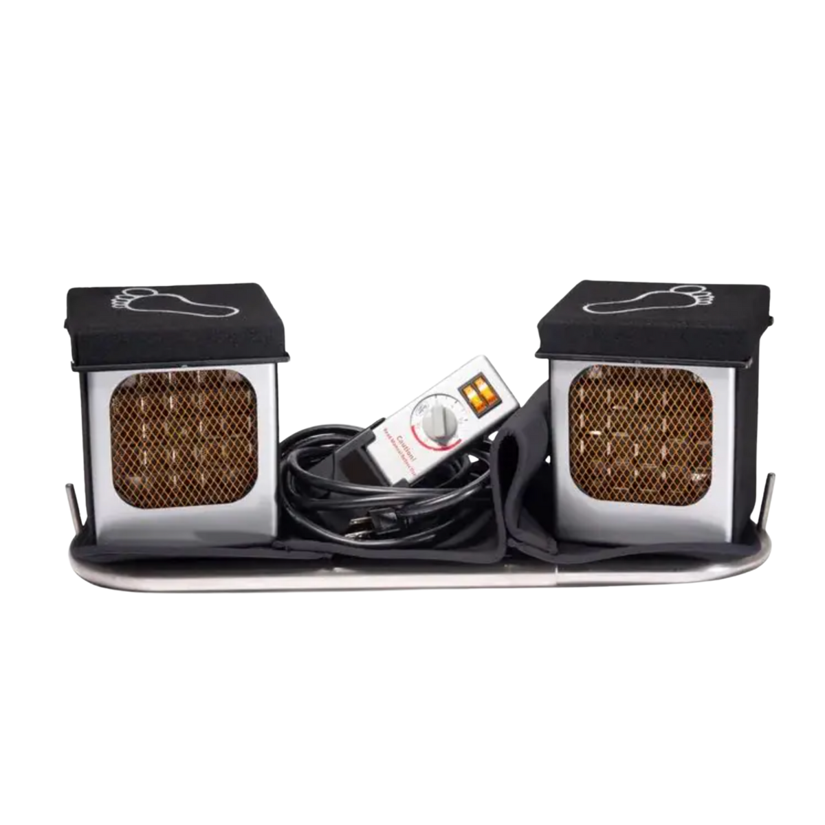 Pair of electronic foot massagers with control panel on a white background