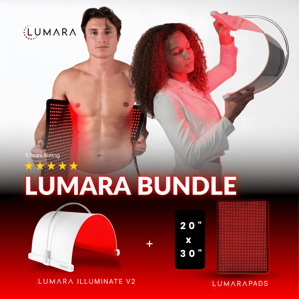 Advertisement for Lumara Bundle with two products and a rating on a gradient background.