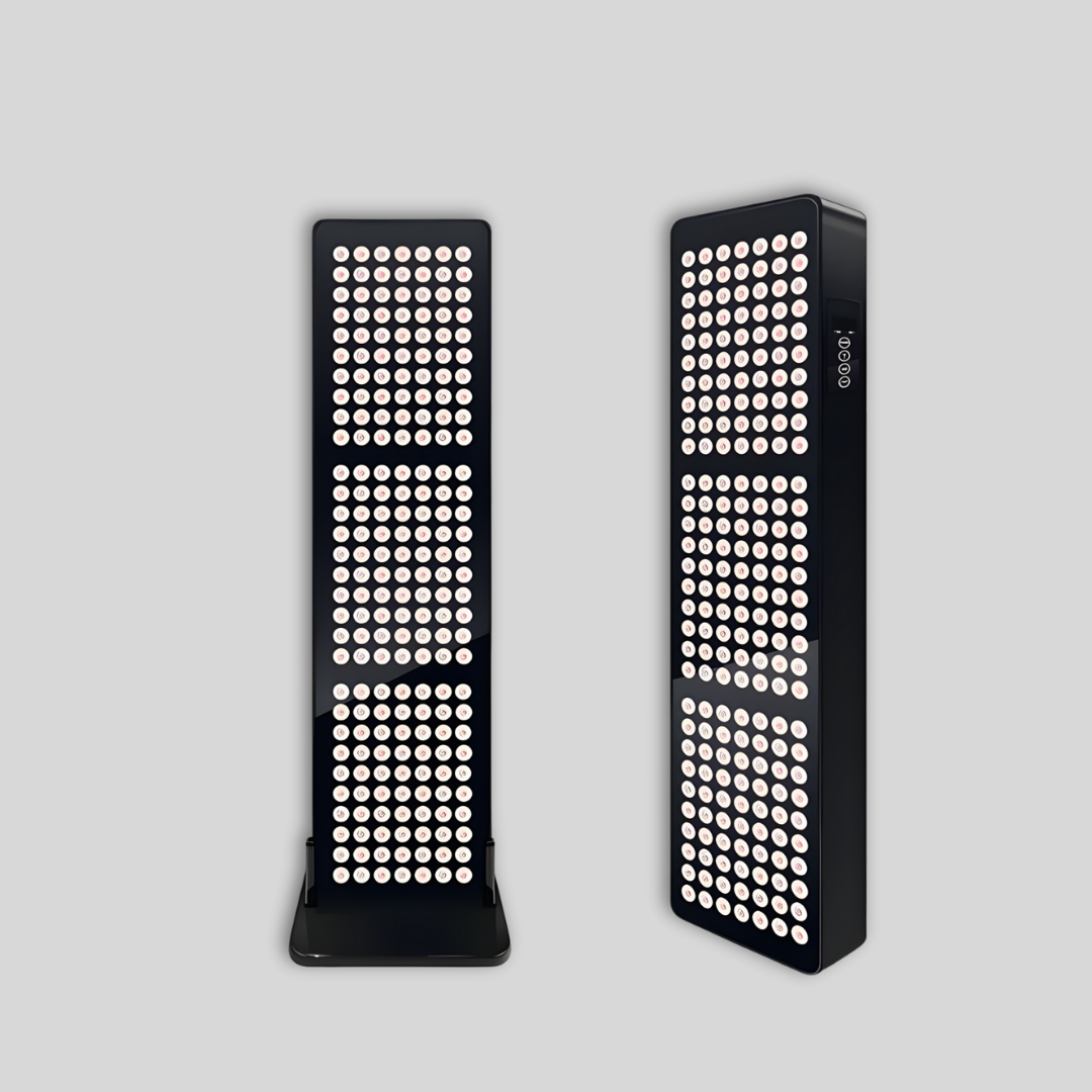 Two black rectangular LED light panels with multiple rows of circular white lights, shown on a plain light gray background.