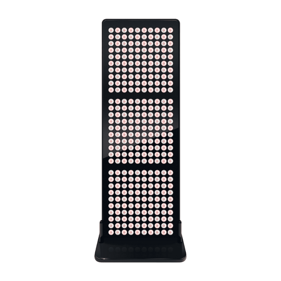 A black LED light therapy panel with three stacked sections of circular light-emitting diodes, shown against a plain white background.