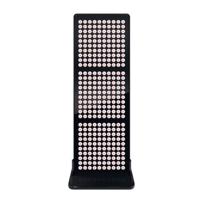 A black LED light therapy panel with three stacked sections of circular light-emitting diodes, shown against a plain white background.