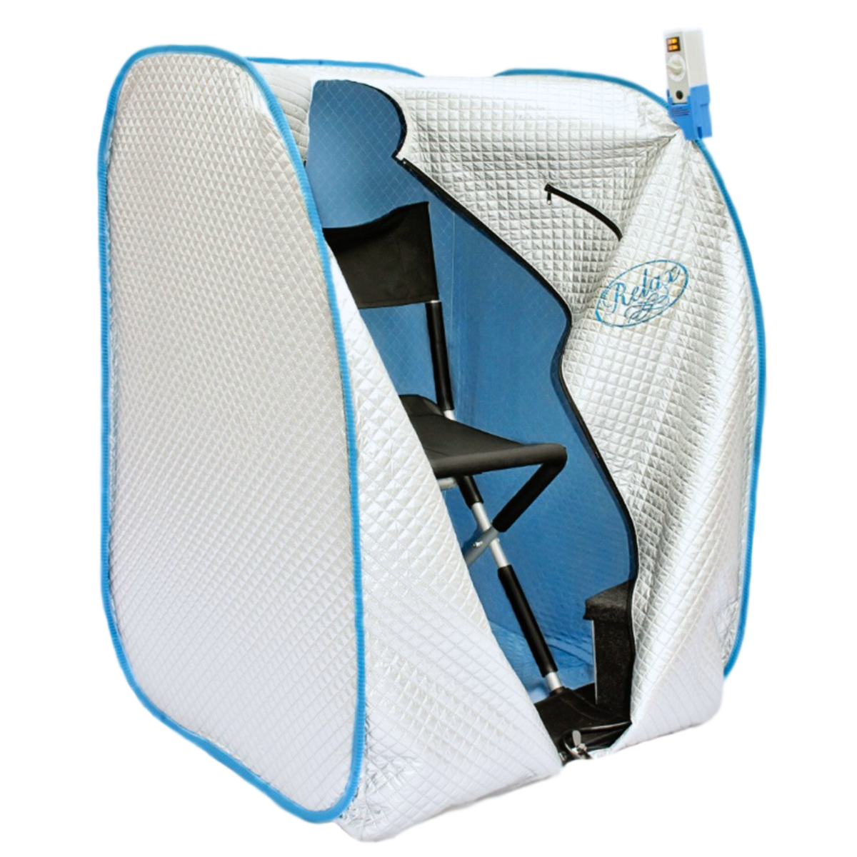 A portable mini sauna tent with a white quilted exterior, light blue trim, and a blue interior, shown with a folding chair inside. A small control valve is attached at the top right.