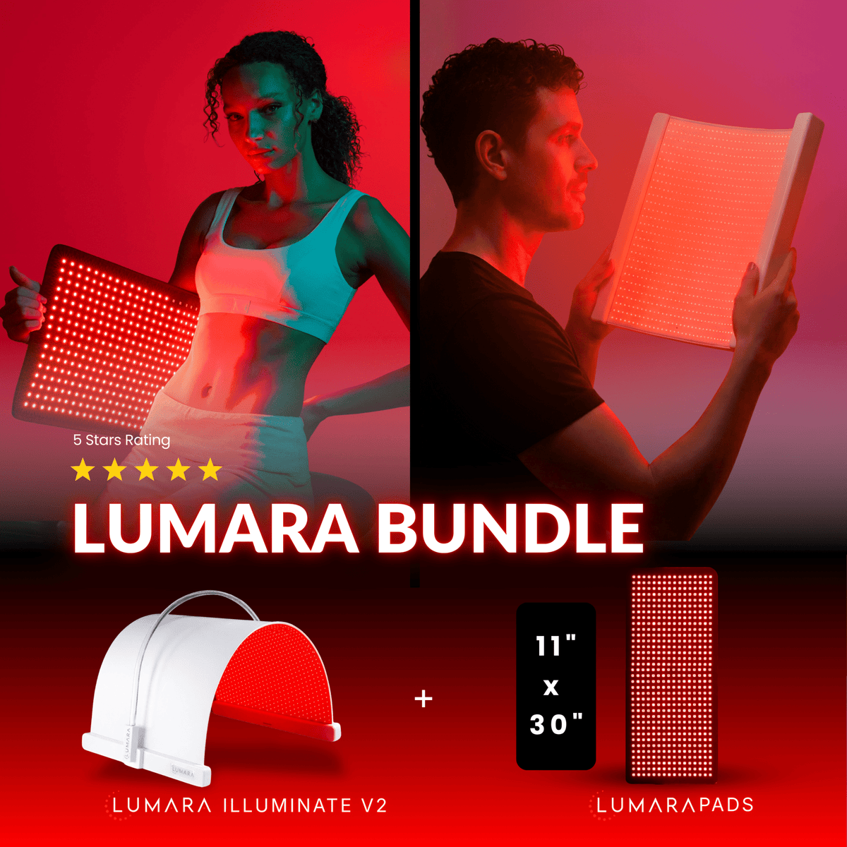 Promotional image of Lumara Bundle with two people holding LED panels against a red background.