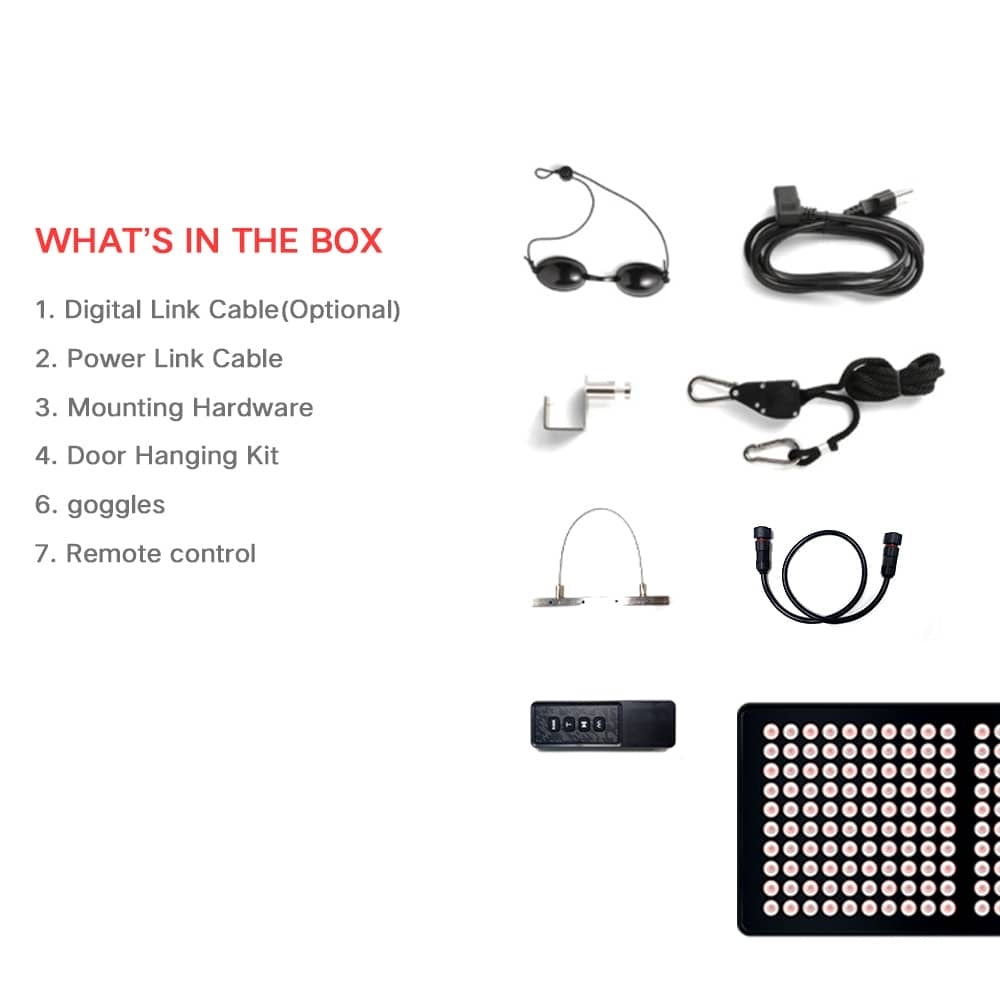 A product kit layout on a white background with text reading 'WHAT'S IN THE BOX' listing seven items, including a digital link cable, power link cable, mounting hardware, door hanging kit, goggles, a small control box, and a black light panel. The products are arranged neatly on the right side.
