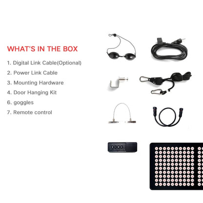 A product kit layout on a white background with text reading 'WHAT'S IN THE BOX' listing seven items, including a digital link cable, power link cable, mounting hardware, door hanging kit, goggles, a small control box, and a black light panel. The products are arranged neatly on the right side.