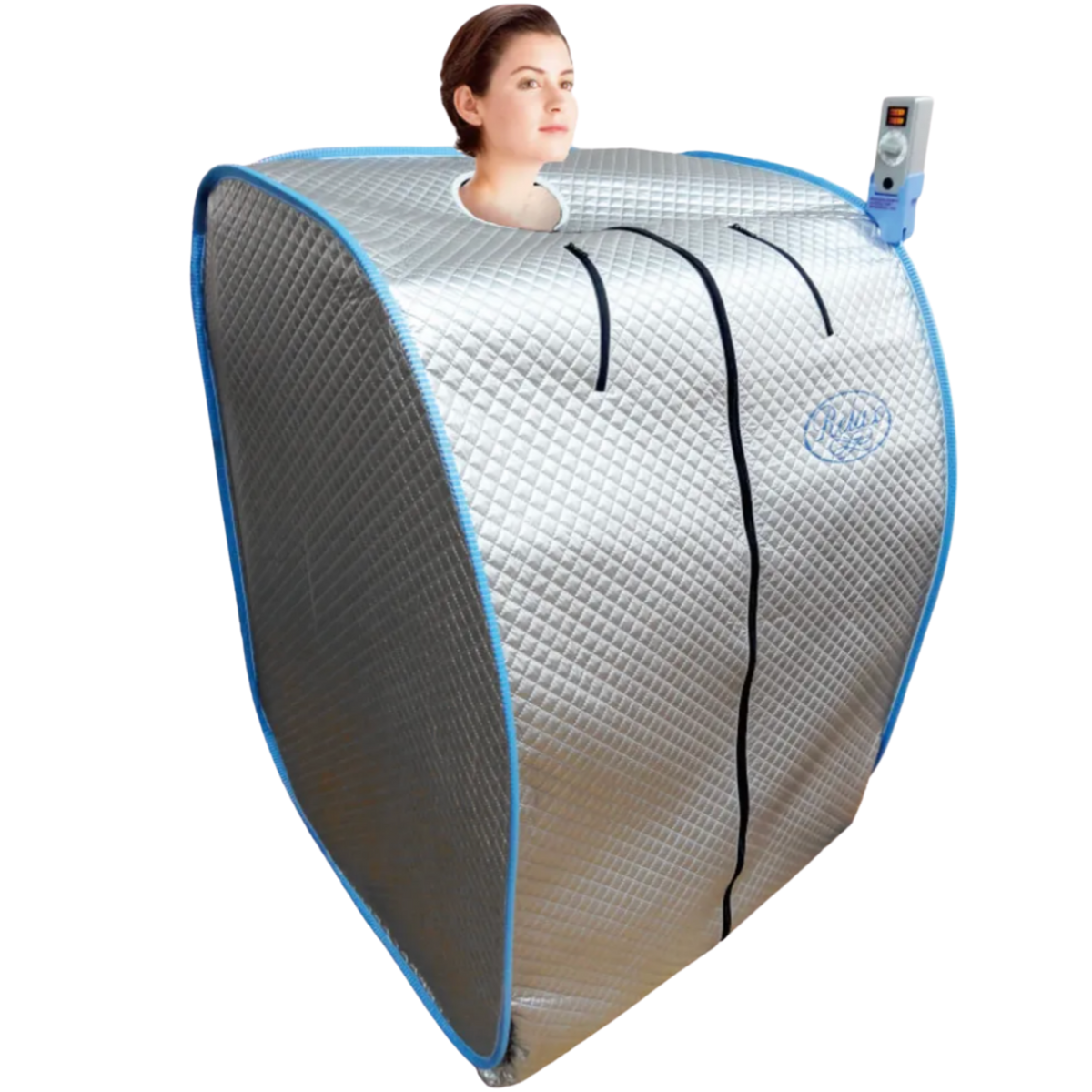 A portable infrared sauna tent with a neck opening, shown with a woman's head visible inside. The tent has a silver quilted exterior with blue trim and a blue-and-white remote control attached to the side.