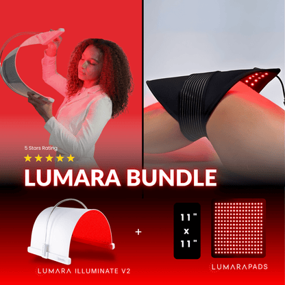 LUMARA Bundle advertisement with a woman holding a device, close-up of a pad, and product images on a red background.