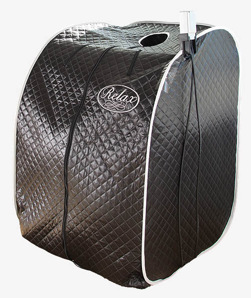 A portable pop-up steam room tent with a quilted dark brown exterior and white piping, featuring a 'Relax' logo on the front.