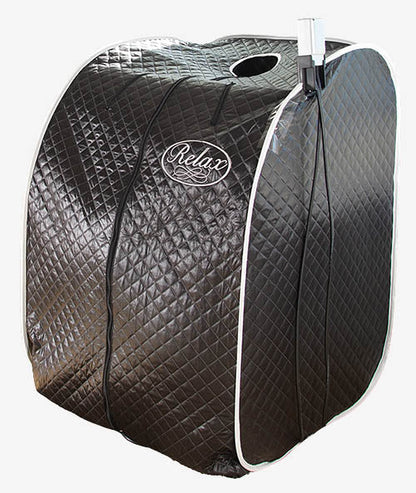 A portable pop-up steam room tent with a quilted dark brown exterior and white piping, featuring a 'Relax' logo on the front.
