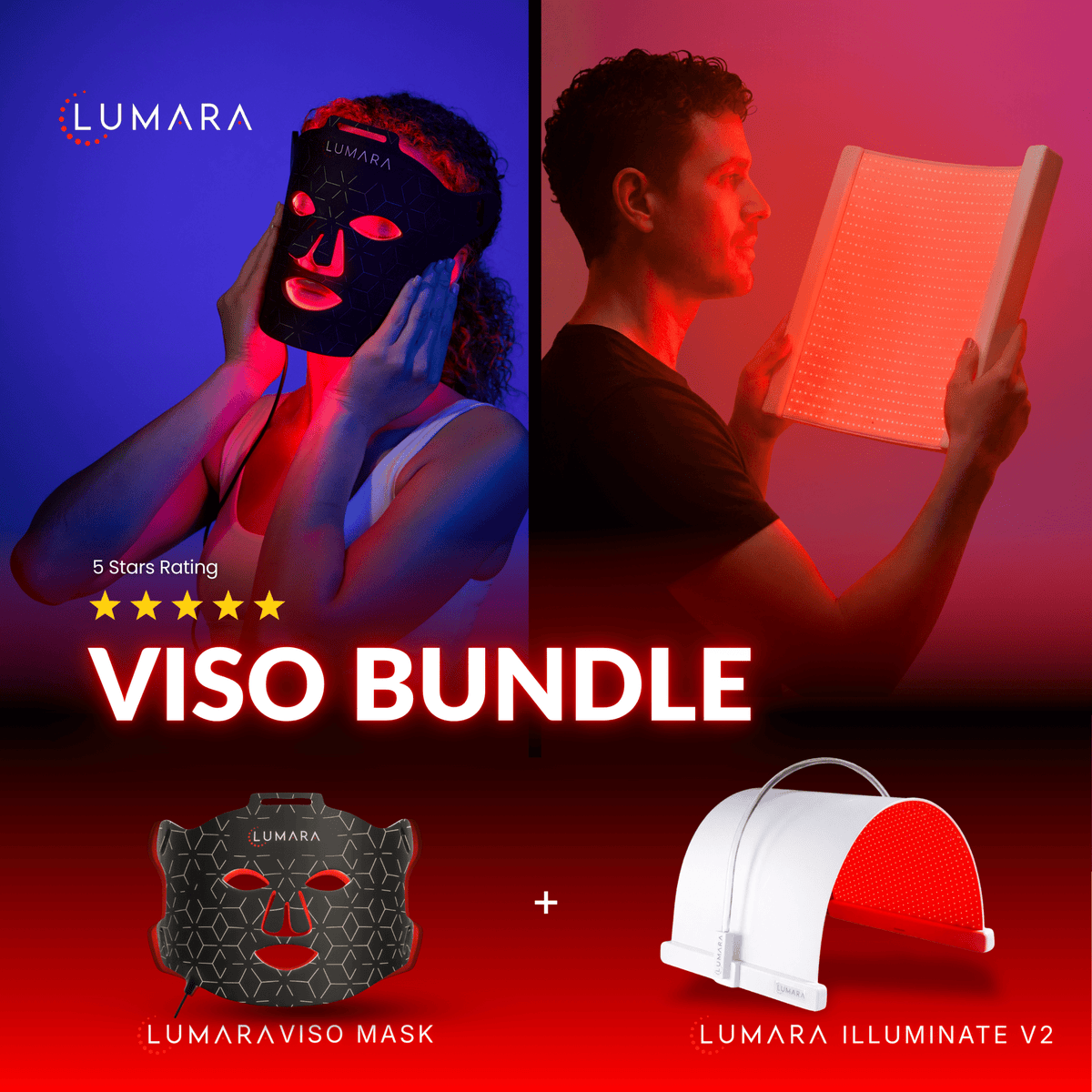 Promotional image of Lumara VISO Bundle with two people using the mask and light device, featuring a 5-star rating.
