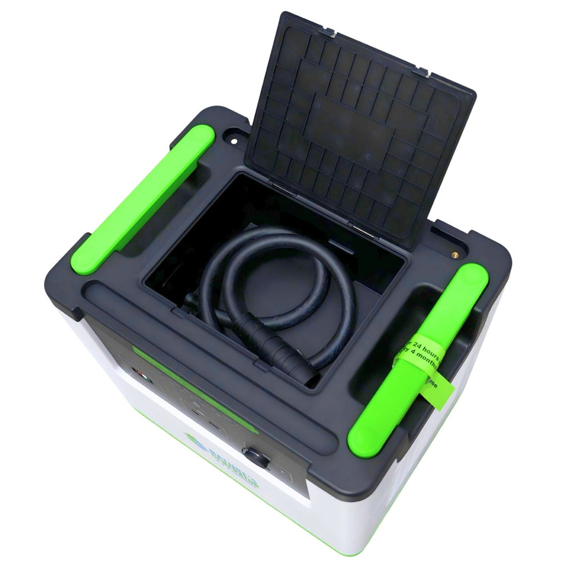 Black and green toolbox with open lid on a white background