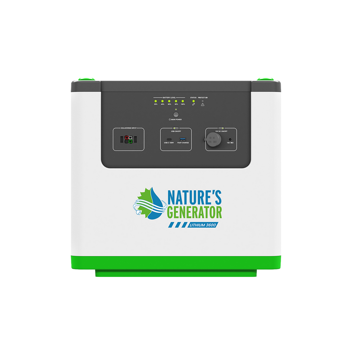 A portable power station with a white body, green base, and dark gray control panel. The front features the 'Nature's Generator' logo in green and blue, along with various ports and indicator lights.