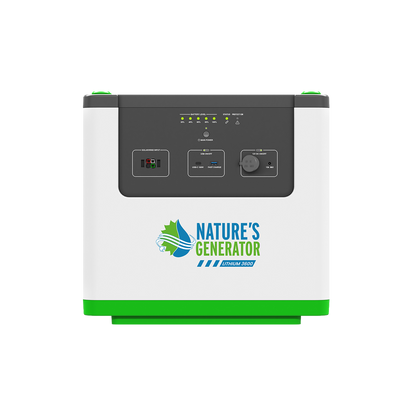 A portable power station with a white body, green base, and dark gray control panel. The front features the 'Nature's Generator' logo in green and blue, along with various ports and indicator lights.