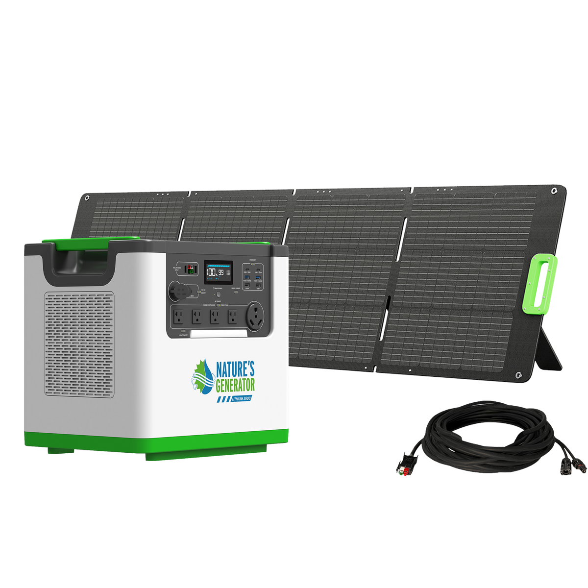 Portable power station with solar panel and cable on a white background