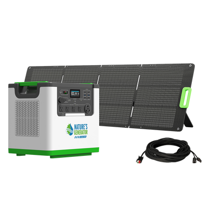 Portable power station with solar panel and cable on a white background