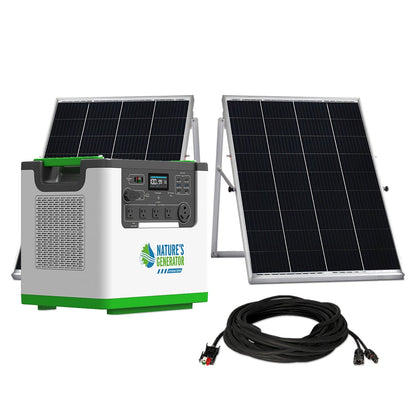 Portable solar generator with two solar panels and a cable on a white background