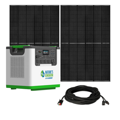 Solar generator system with two solar panels and a power station on a white background