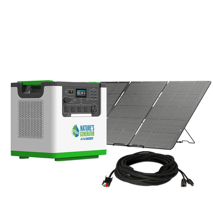 Portable power station with solar panel and cable on a white background