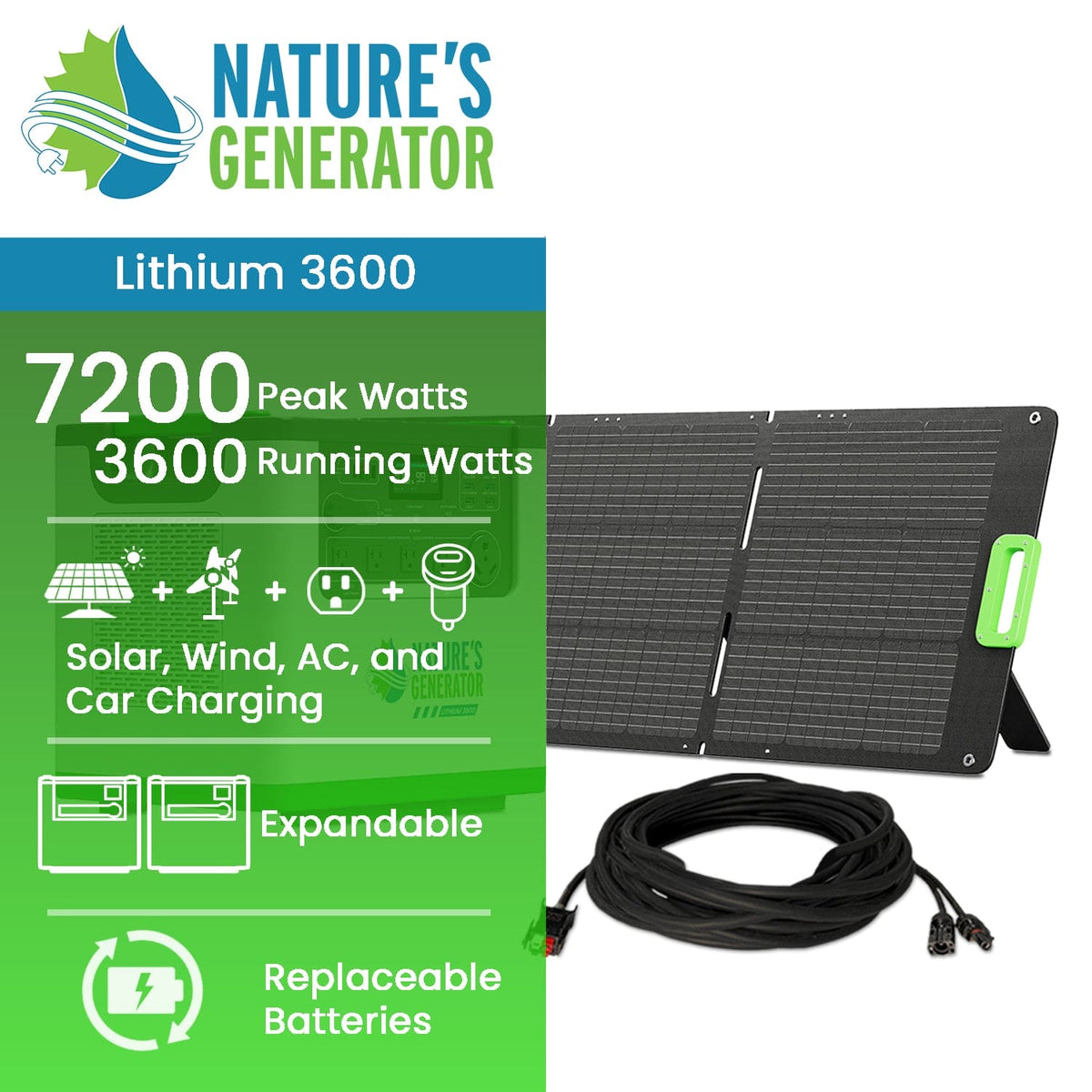 Nature's Generator Lithium 3600 solar panel with specifications on a white background