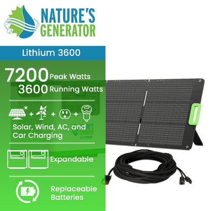 Nature's Generator Lithium 3600 solar panel with specifications on a white background