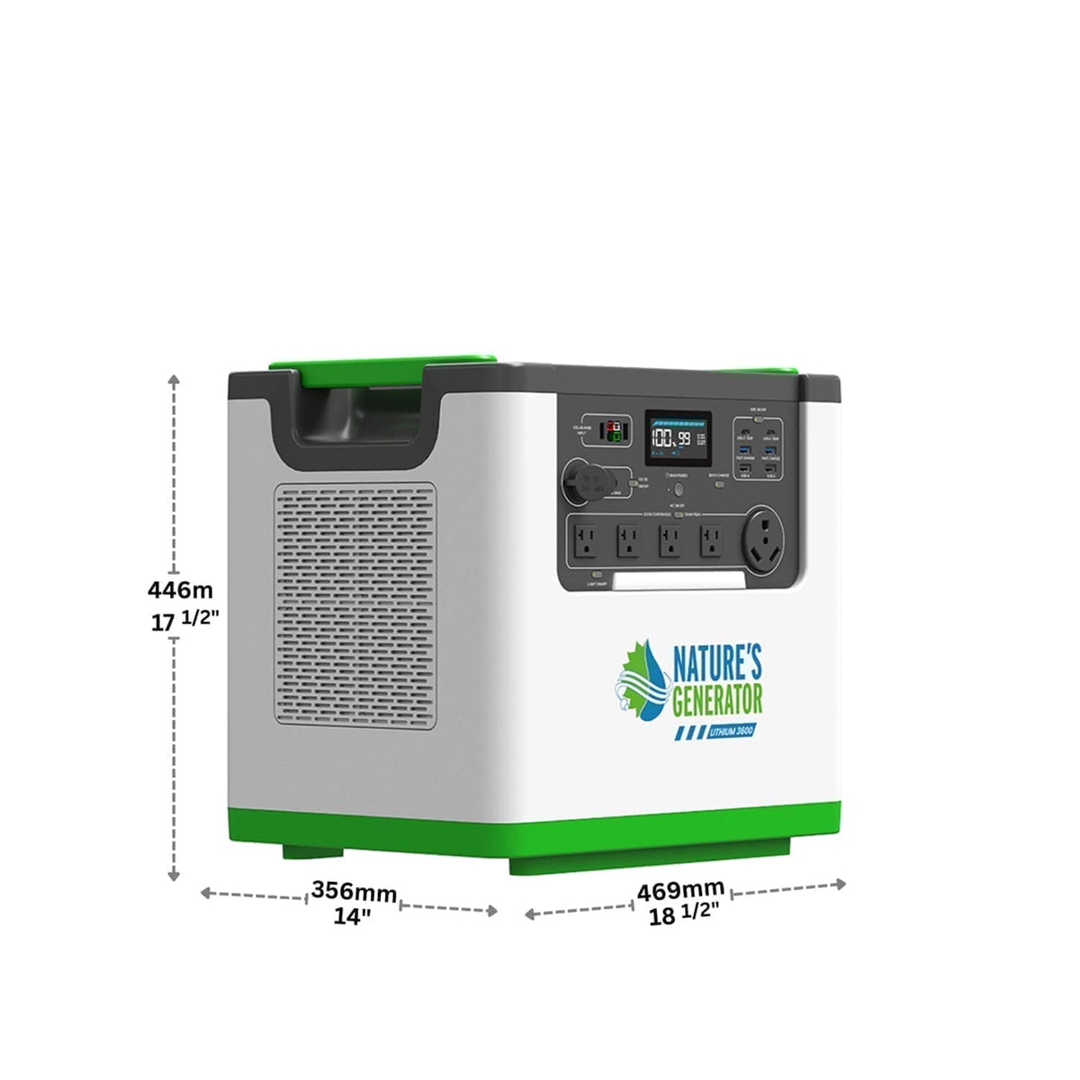 Portable power station with dimensions labeled, featuring the 'Nature's Generator' brand.