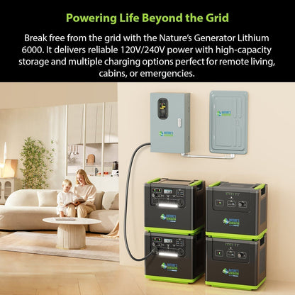 Home energy storage system with family in living room, text about power generation.