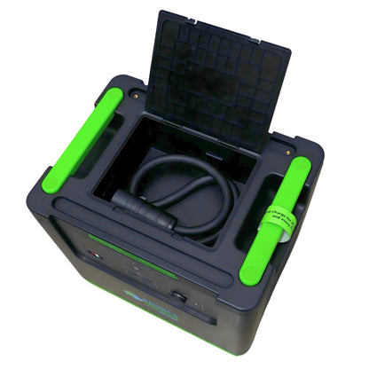 Black and green portable power station with open lid showing cable inside on a white background