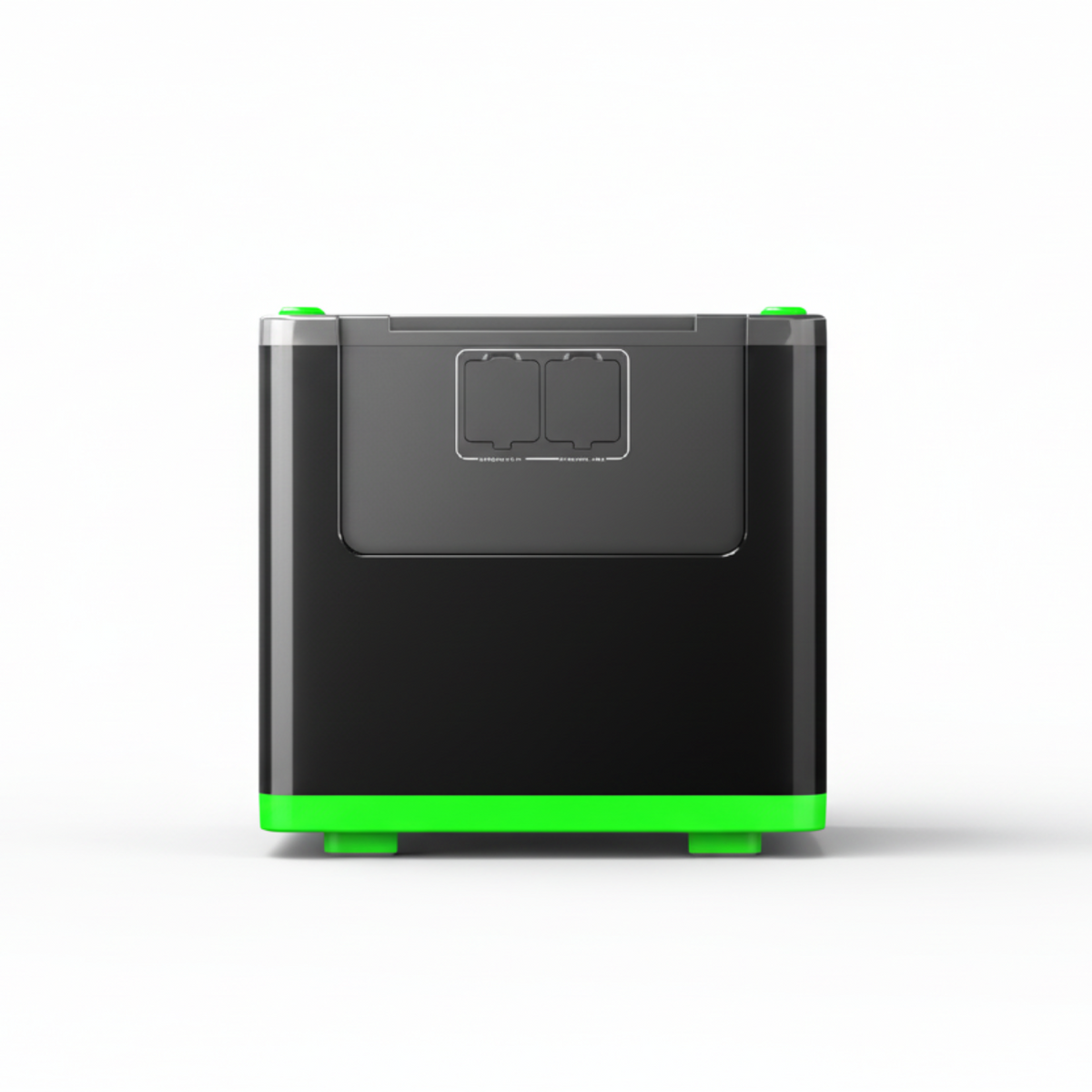 Black rectangular device with green accents on a white background