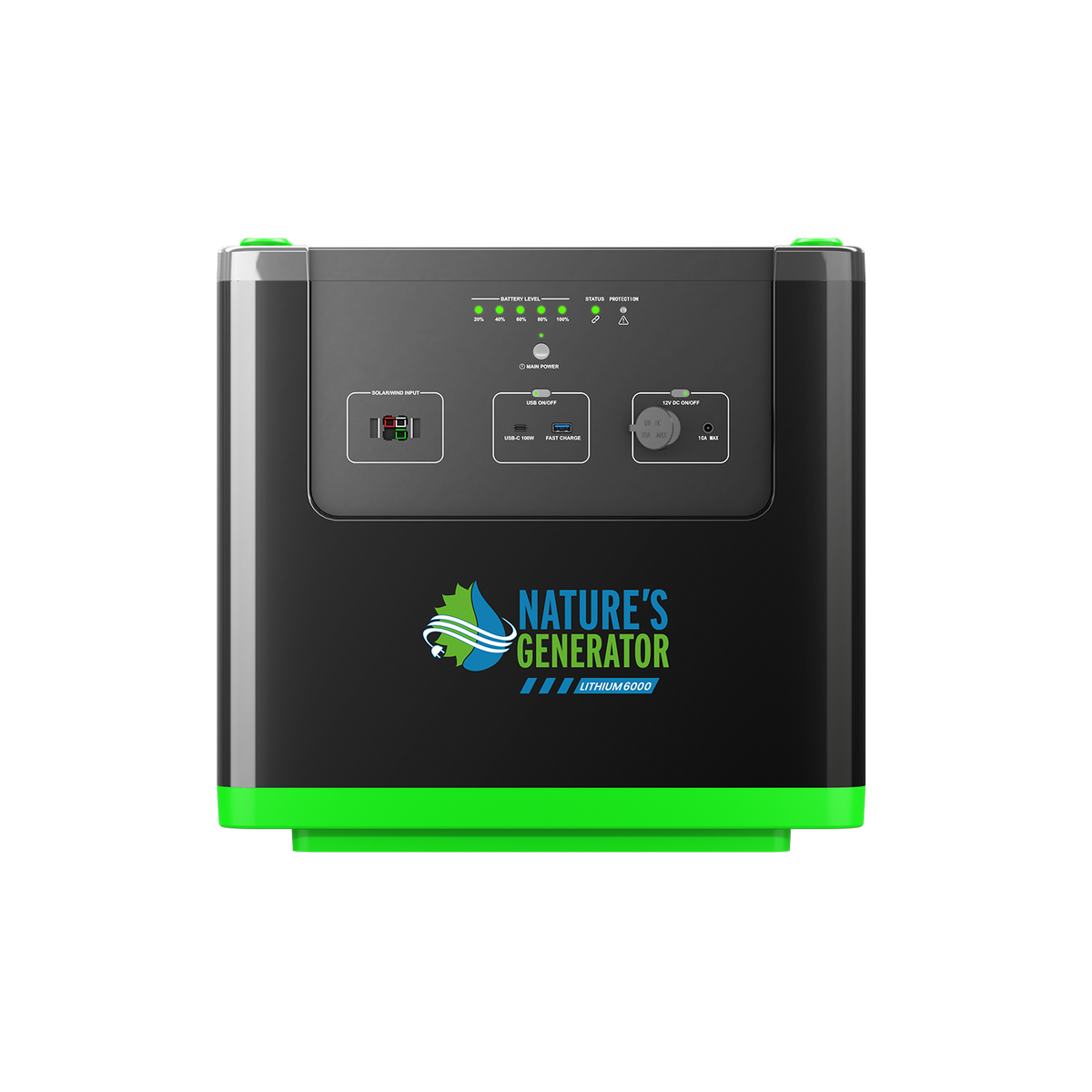 Nature's Generator portable power station with a black faceplate, green base, and green accents, featuring multiple ports and LED indicators on a white background.