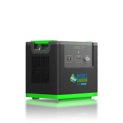 Portable power station with green accents on a white background, featuring 'Nature's Generator' branding.