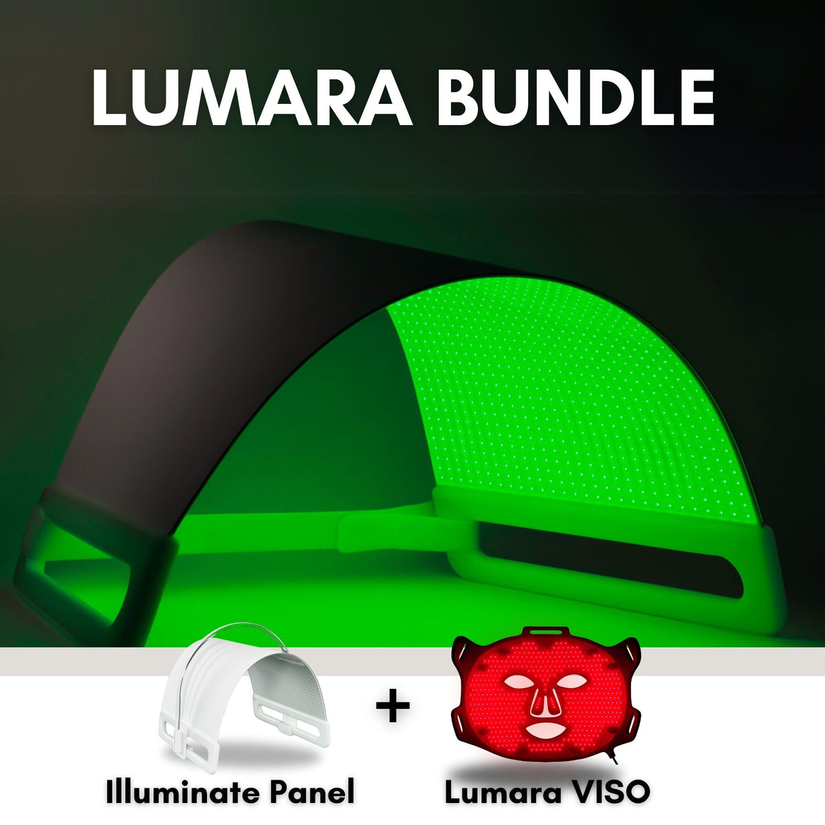 Lumara Bundle with green light panel, Illuminate Panel, and Lumara VISO on a dark background