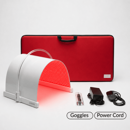 A red and white LED light therapy panel shown with its red carrying case, power adapter, cable, and a pair of black goggles on a light gray background. Two labels at the bottom read 'Goggles' and 'Power Cord'.