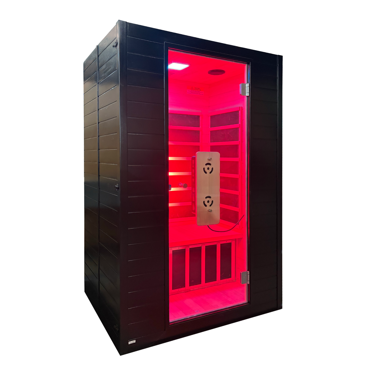 Black sauna with red interior light on a white background