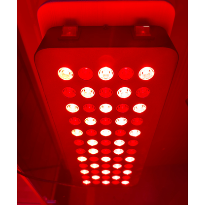 Red LED light panel with multiple small lights on a white background