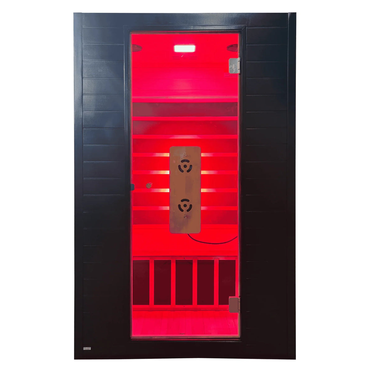 Black door with red interior and wooden handle on a white background