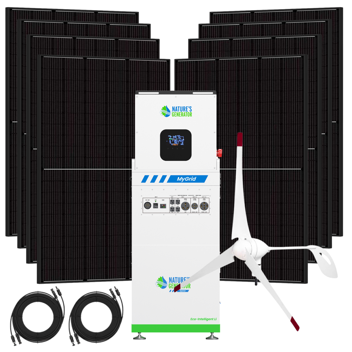 A solar power system bundle featuring multiple black solar panels, a white Nature's Generator MyGrid inverter, a small white wind turbine, and two black cable reels on a plain white background.