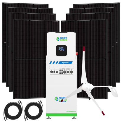 A solar power system bundle featuring multiple black solar panels, a white Nature's Generator MyGrid inverter, a small white wind turbine, and two black cable reels on a plain white background.