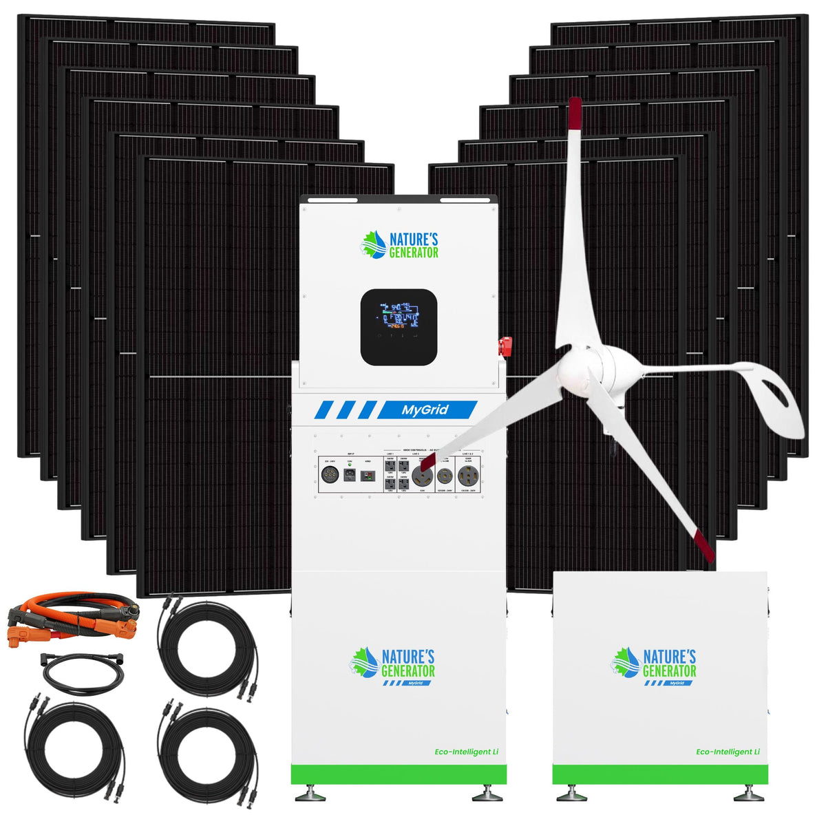 A solar power system bundle featuring multiple black solar panels, a white wind turbine, a central inverter labeled 'MyGrid', two white battery storage units, and several black cables, all arranged on a plain white background. The panels and battery units display the Nature's Generation brand.