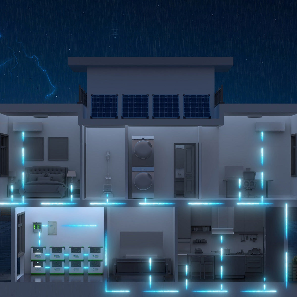 Modern house with solar panels at night, illuminated by blue lights.